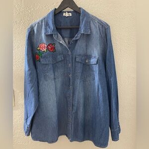 Ali & Kris Women’s Blue Denim Embroidered  Long Sleeve Button Up‎ Top Size 3XL